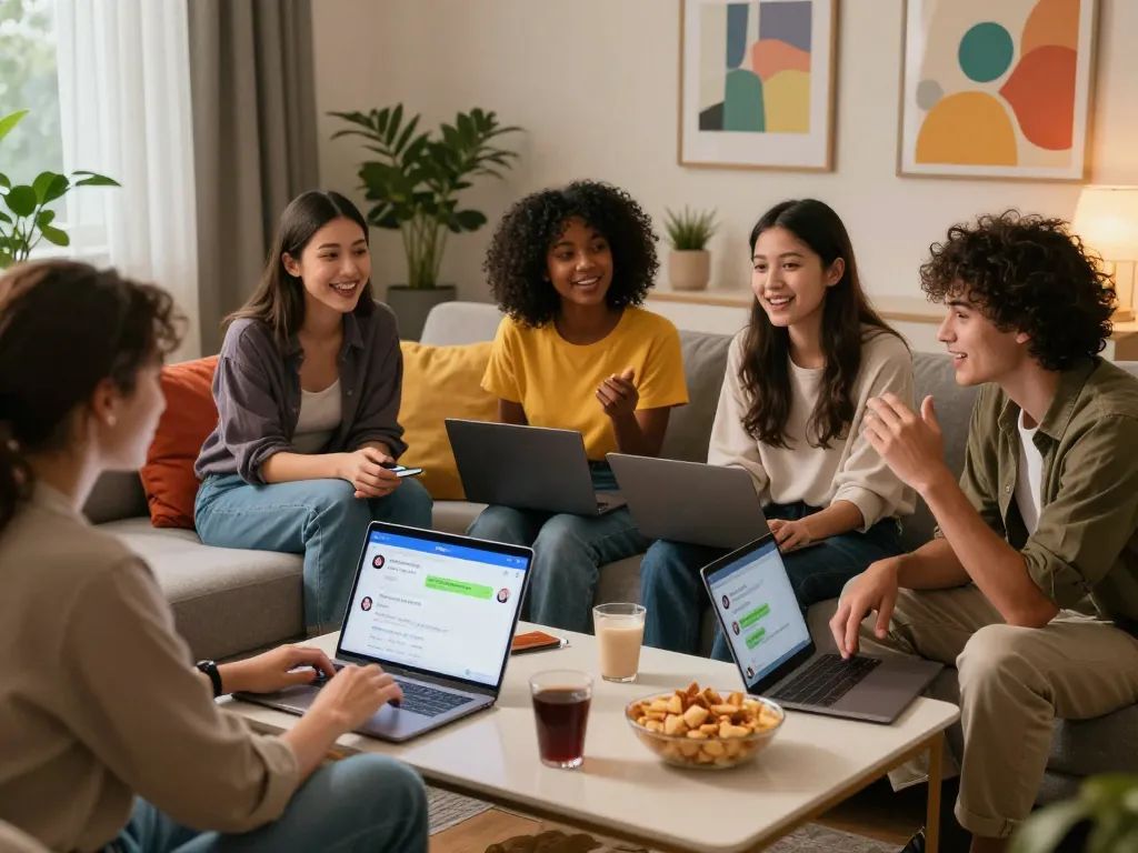 Group discussing nsfw ai chat platforms in a stylish living room.
