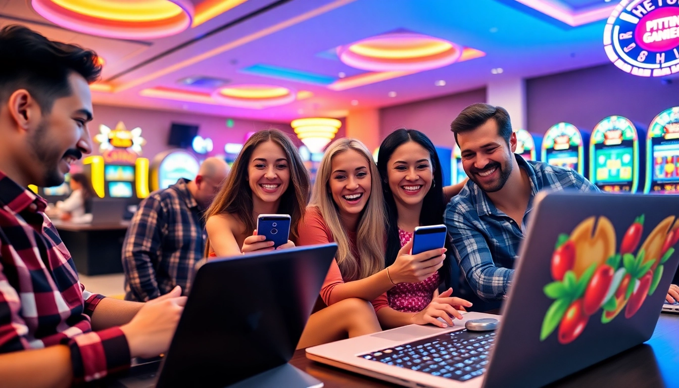 Neue casino bonus ohne einzahlung erleben während Spieler glücklich an ihren Geräten spielen.
