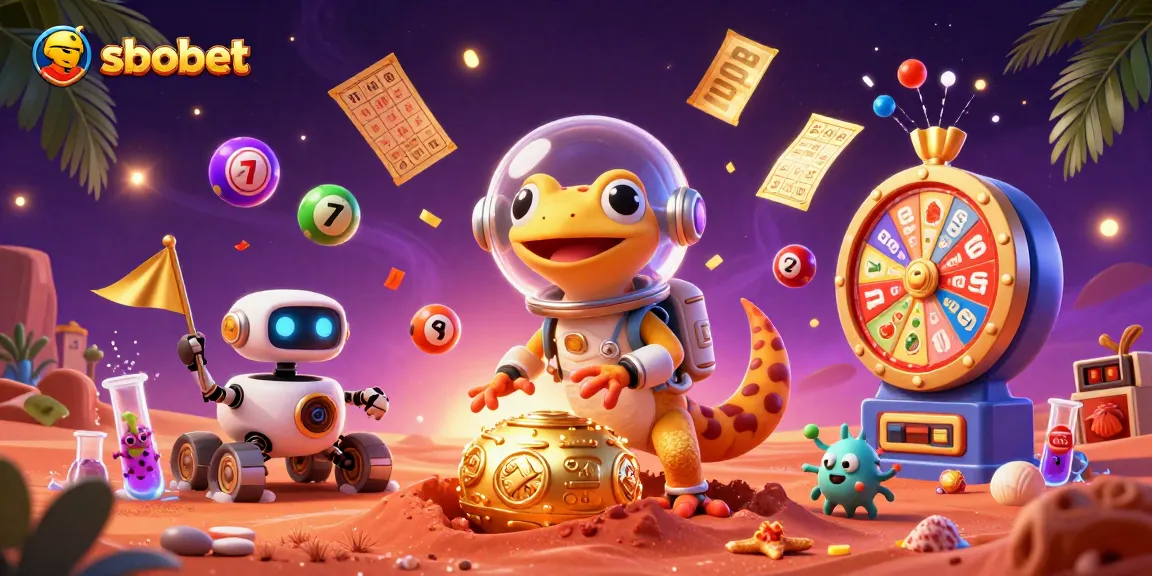 Engage in sbobet gaming with a Martian gecko exploring a golden casino filled with vibrant lottery elements.