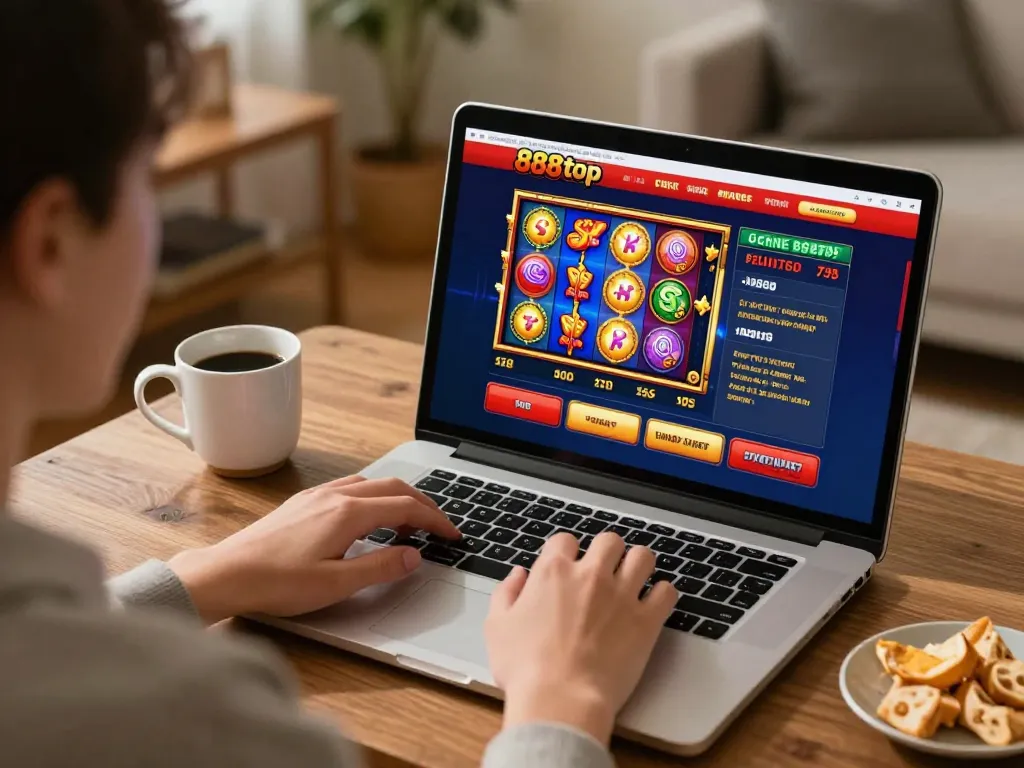 Engaging online player on 888top platform enjoying casino slots from home environment