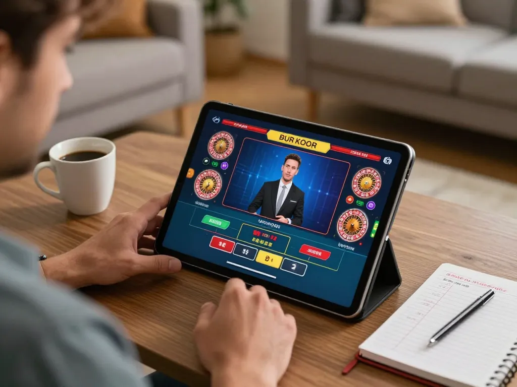 Engaging in online gambling at home with tg88-lc, featuring live dealer roulette on tablet in cozy setting.