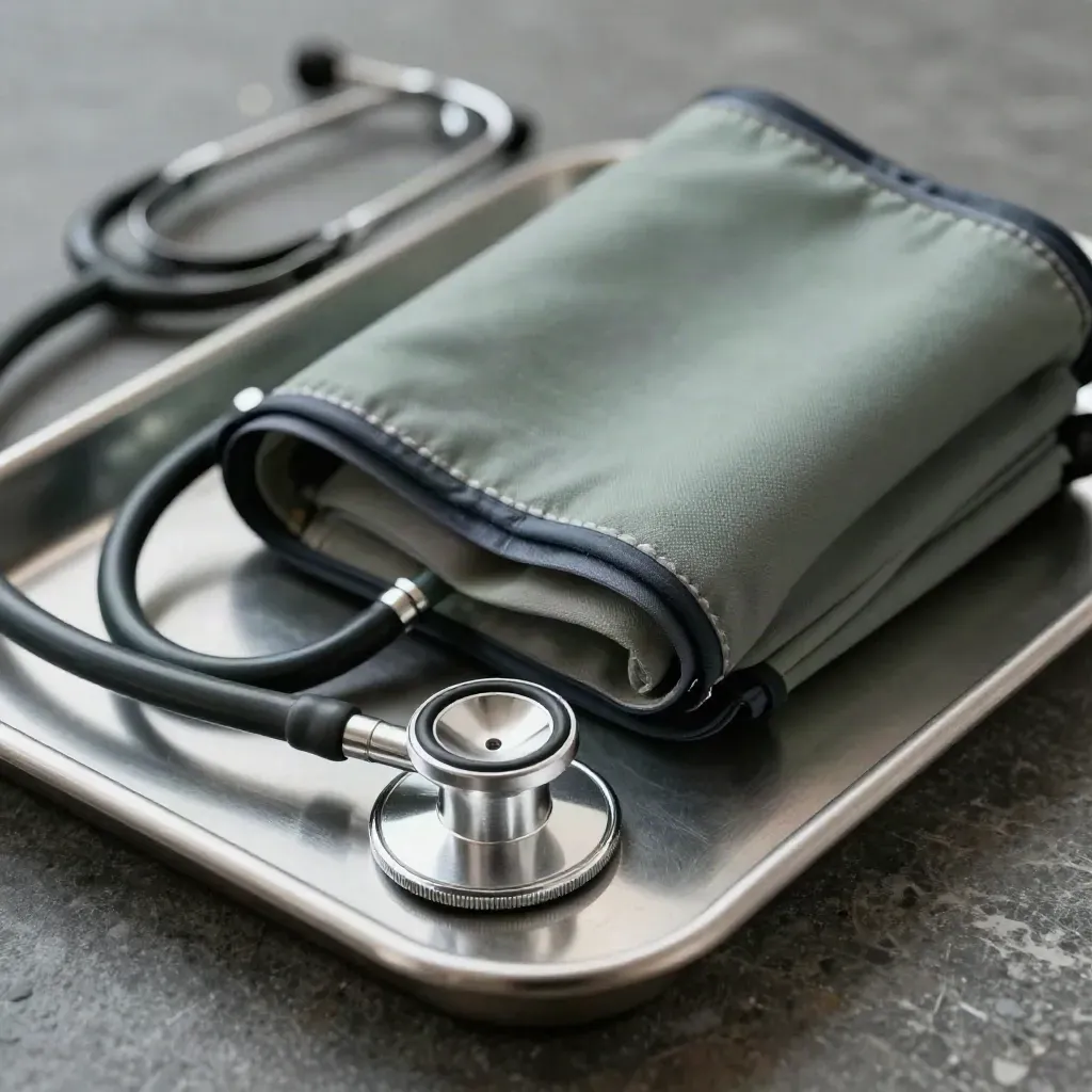 Macro of a stethoscope chestpiece, folded blood-pressure cuff, and steel tray on brushed stone.