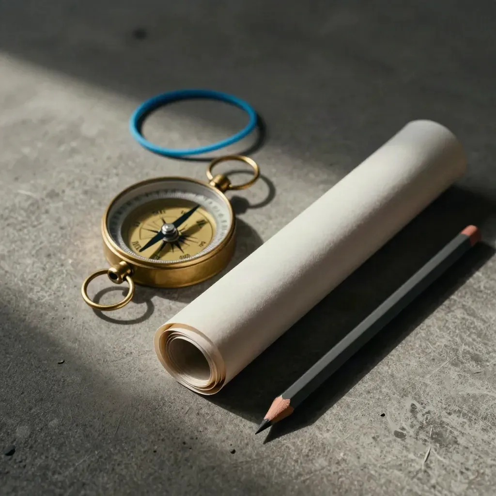 Overhead still life of a brass compass, rolled route tube and pencil on brushed concrete.