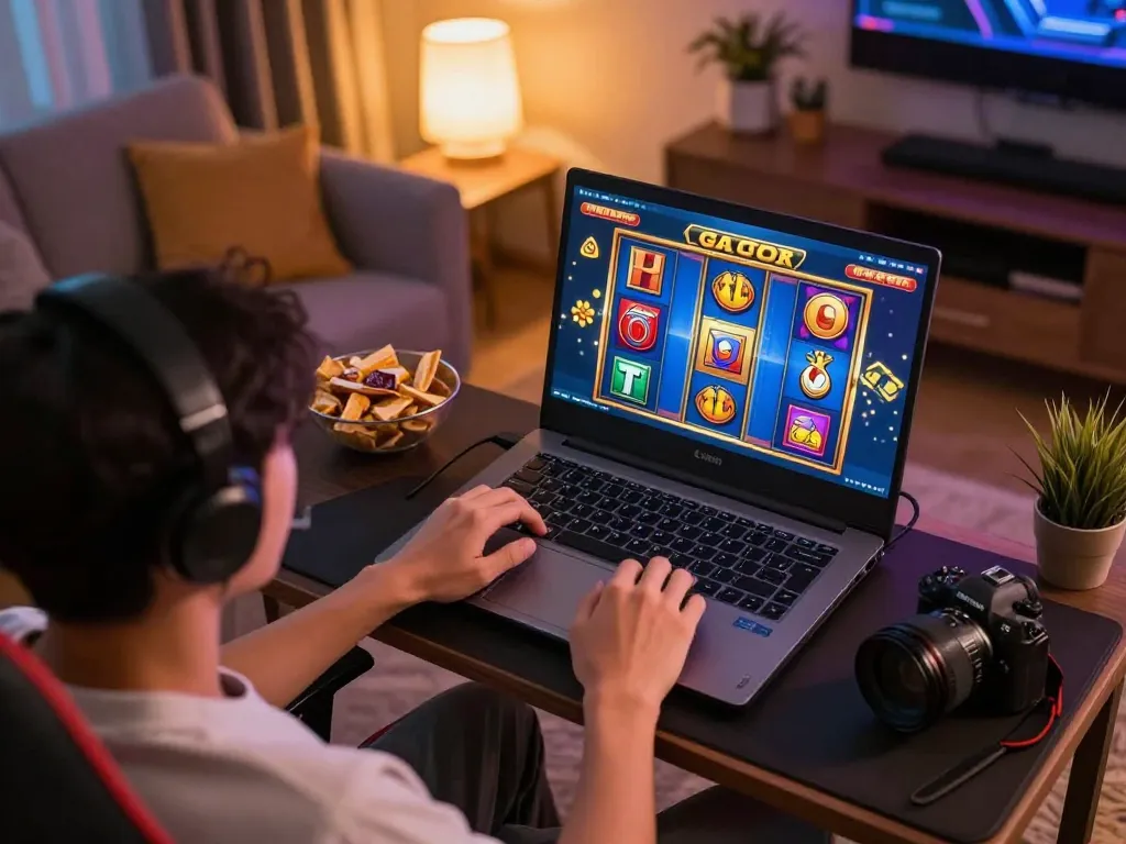 Player spinning slot gacor reels on laptop in cozy home gaming setup with vibrant symbols