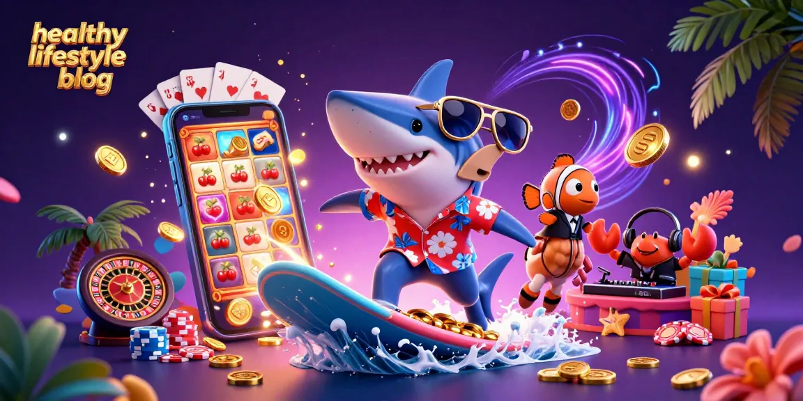 Experience fun with a healthy lifestyle blog, featuring a shark and seahorse amidst casino excitement.