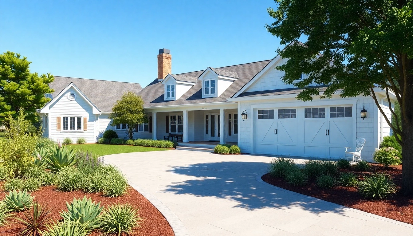 Visualize a cape cod home addition showcasing a stylish attached garage with inviting outdoor aesthetics.