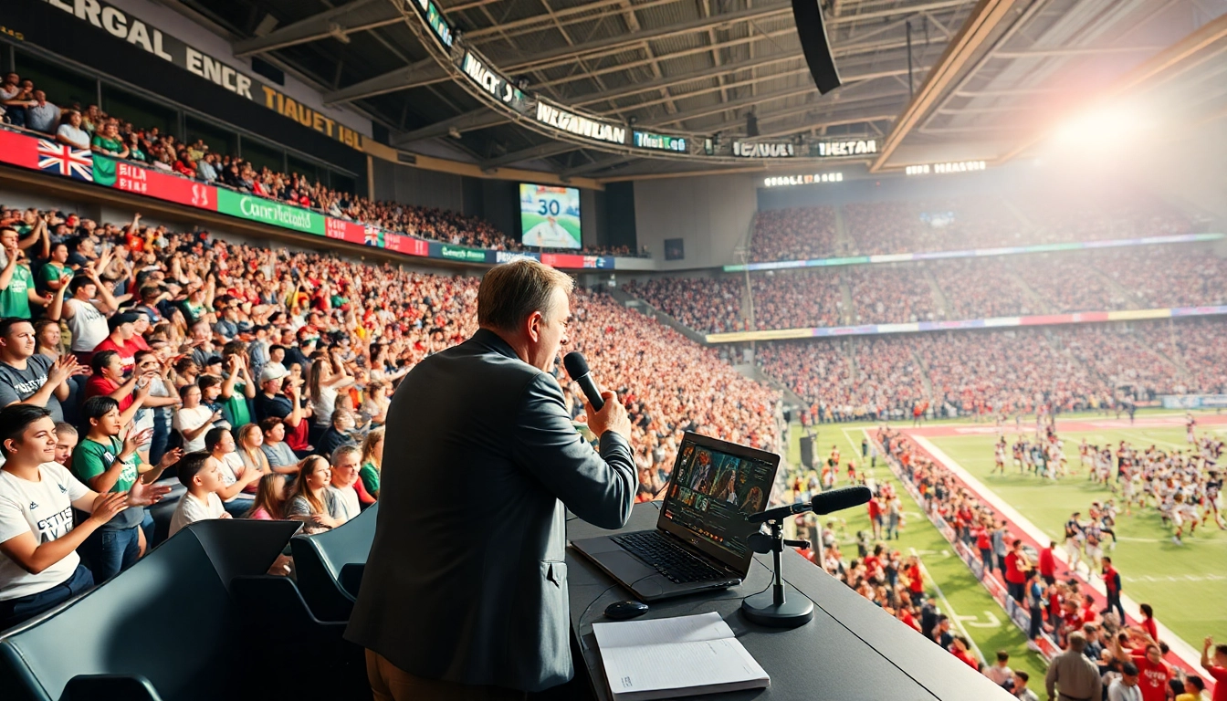 Engaging scene of sports broadcasting with commentator amid an enthusiastic crowd.