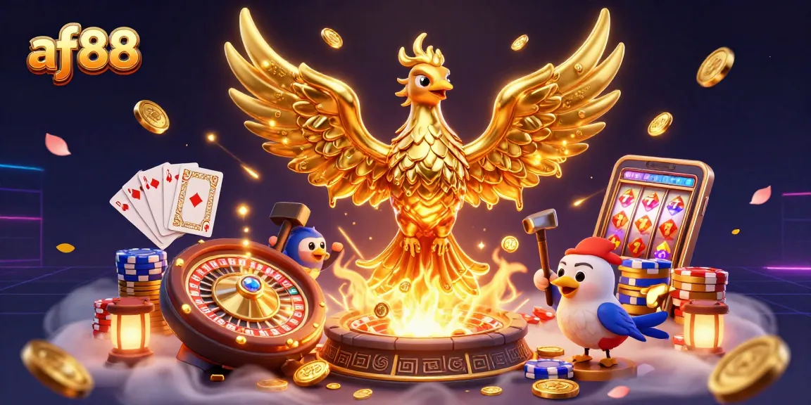 Engage with af88's golden phoenix and vibrant casino elements in an immersive 3D illustration.