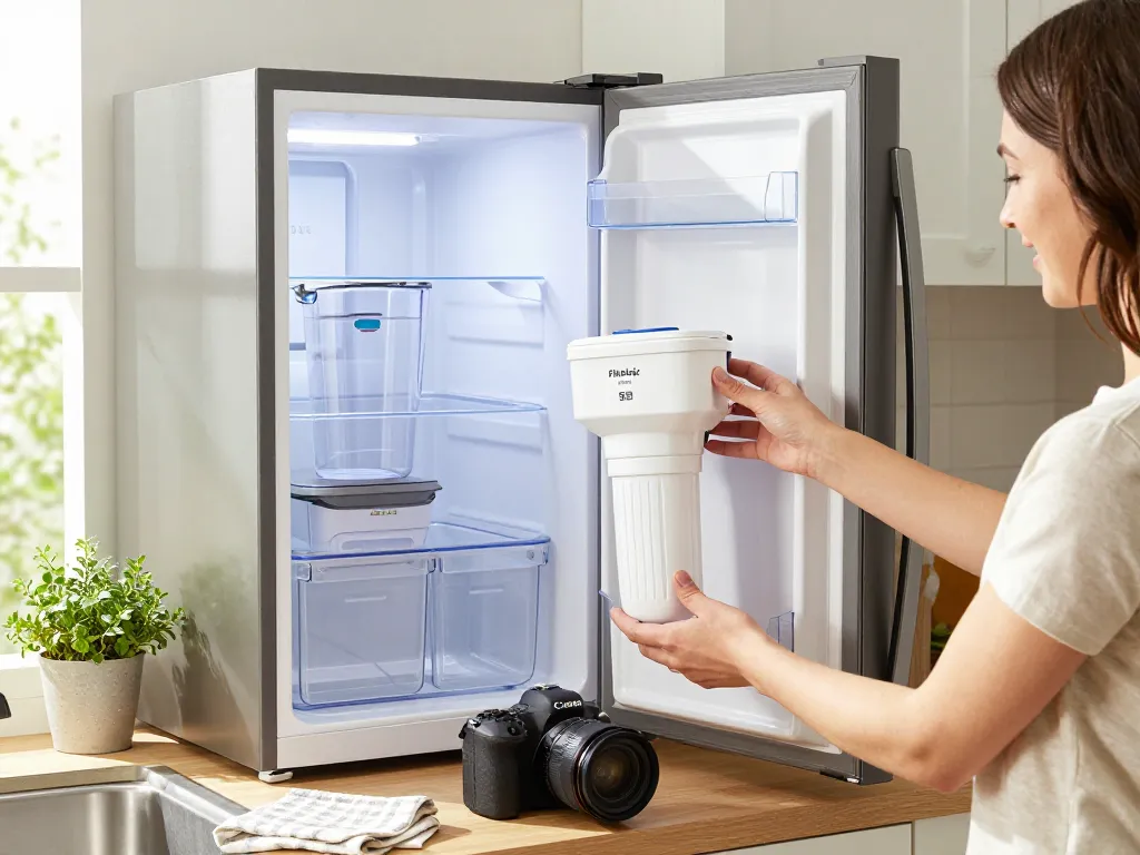 Installing Filterlogic DA97-17376B Replacement for Samsung® HAF-QIN water filter in a bright kitchen, showcasing clean drinking water.