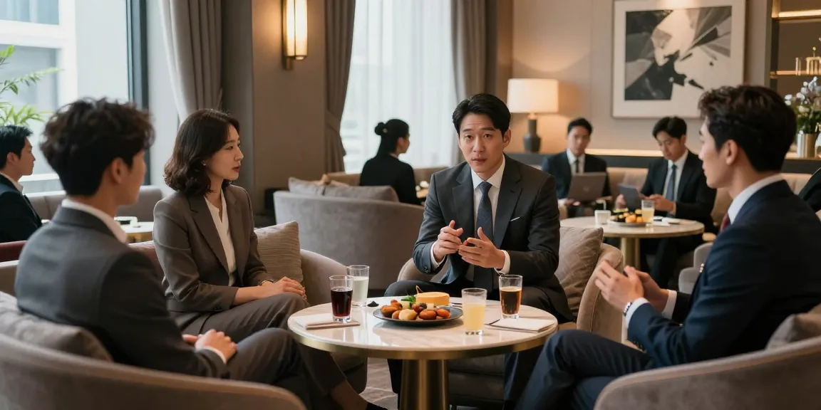 Networking professionals in an upscale lounge at 강남 쩜오 좋아요, discussing business in a luxurious private setting.