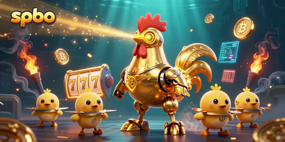 Engage with spbo's thrilling slots scene featuring a golden rooster robot and crypto elements.