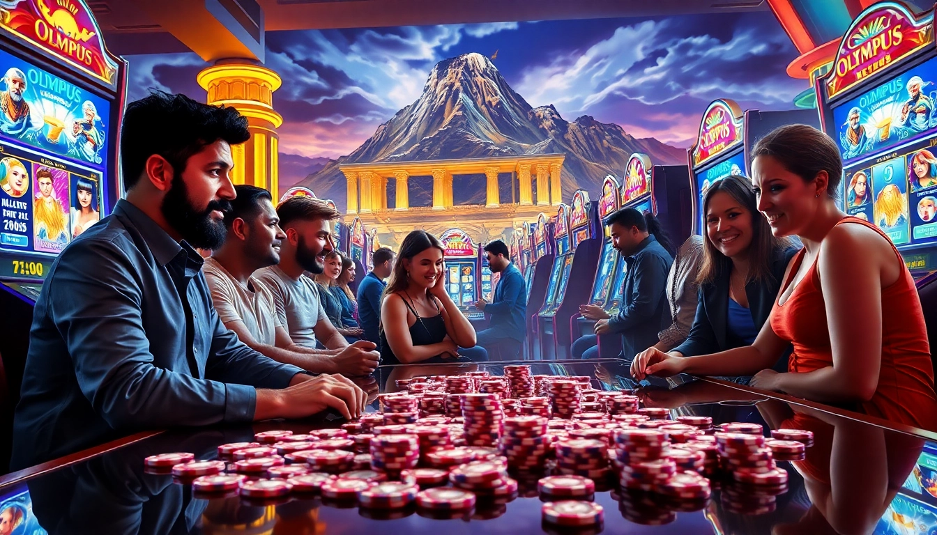 Players spinning the Olympus slot reels in a luxurious casino setting filled with excitement and vibrant colors.
