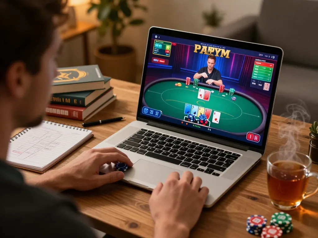 Engaged player at shbet com poker table, focused on winning strategies in cozy home setting.
