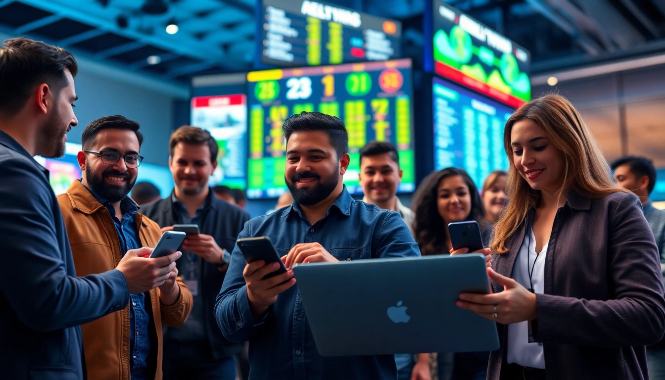 Engaged bettors participating in online sports betting Oklahoma in an energetic, modern setting.