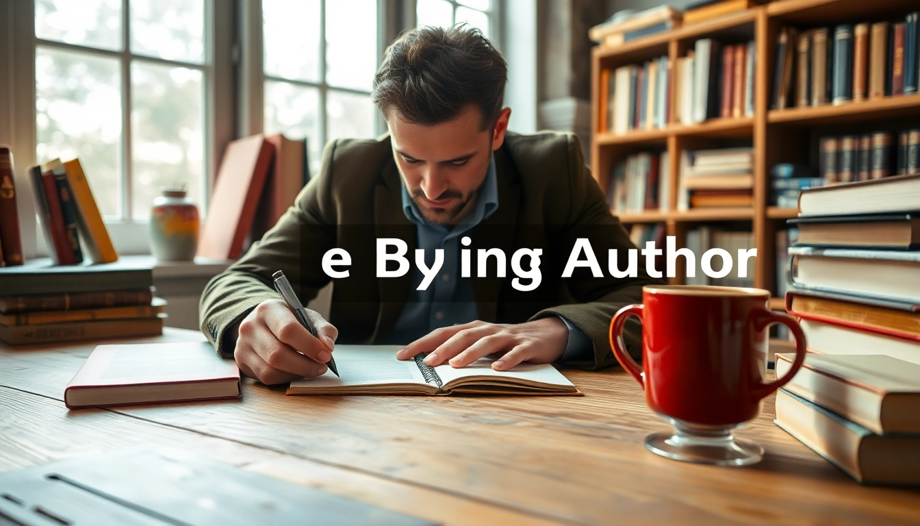 Author writing creatively at a cozy desk, surrounded by books and coffee.