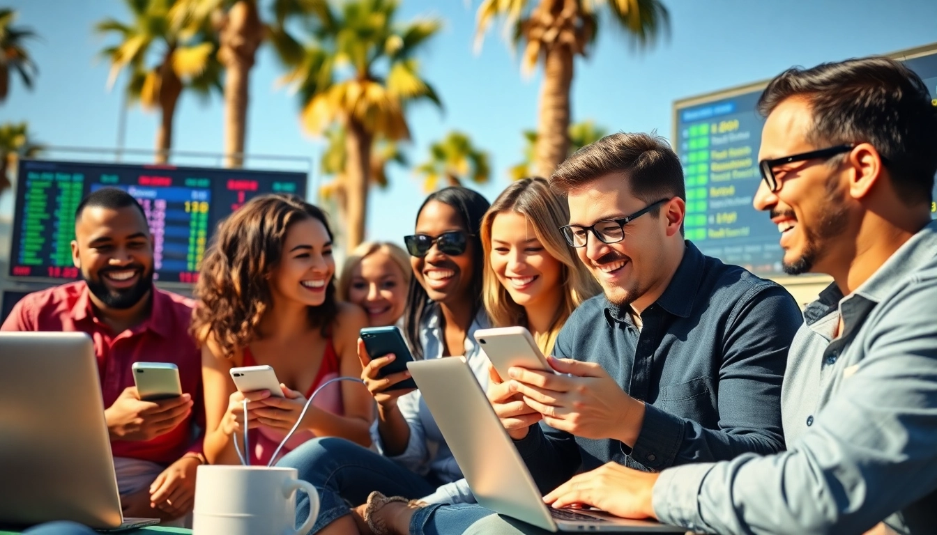 Engaged users participating in online sports betting California in a vibrant outdoor setting.