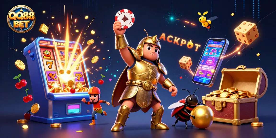 Experience the excitement of QQ88 BET with a dazzling jackpot scene featuring animated characters and games.