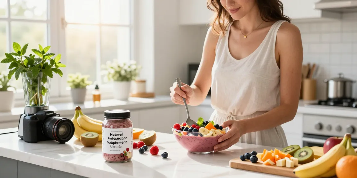 Mixing antioxidant supplement Canada into a smoothie bowl with fresh fruits in a bright kitchen.