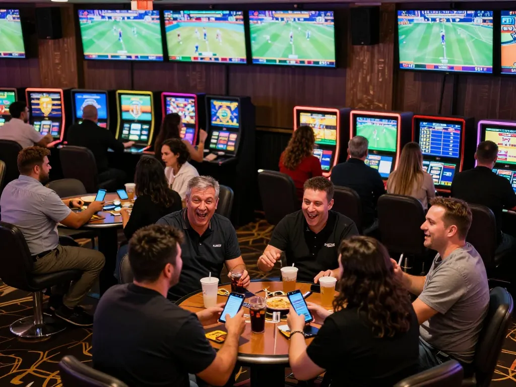 Excited sports bettors engaging with kèo nhà cái while watching live events in a vibrant casino atmosphere