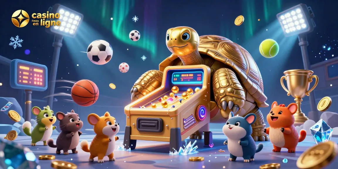Jouez dans un casino français en ligne et profitez d'une scène animée avec une tortue dorée et des éléments de jeu vibrants.