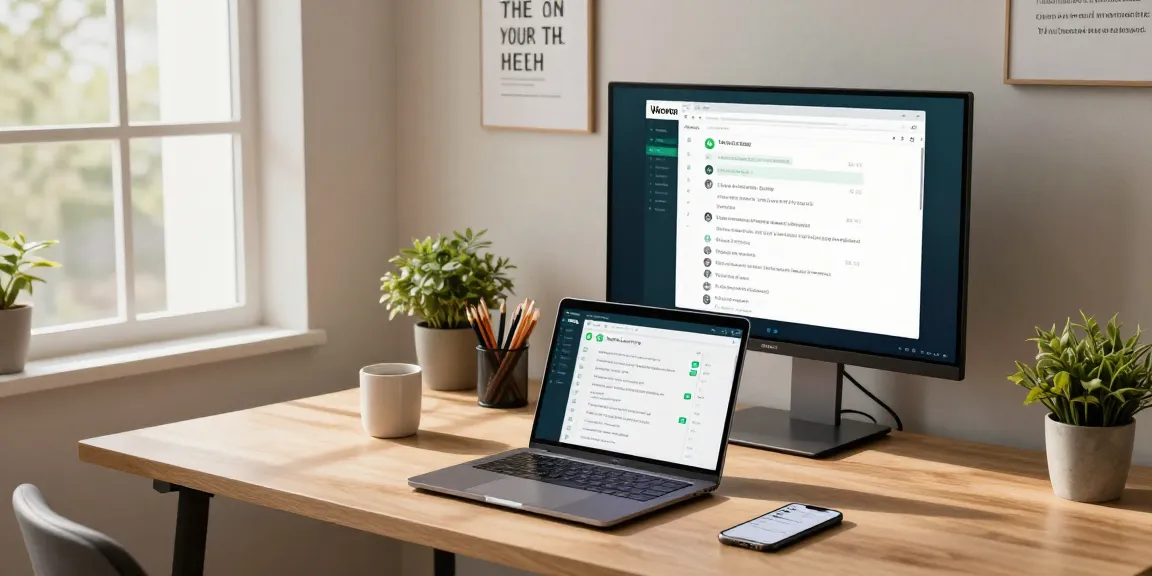 Person using WhatsApp電腦版 on a laptop at a modern home office.