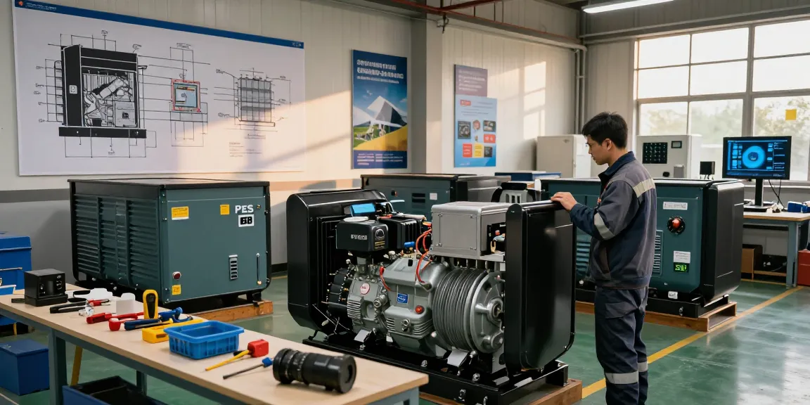 Technician inspecting a diesel generator showcasing natural gas capabilities in an industrial workshop.