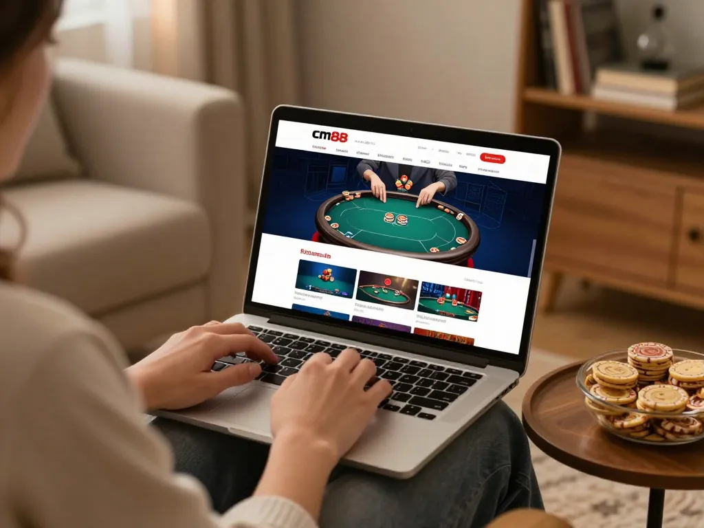 Engaging with the cm88 homepage on a laptop while enjoying online poker at home.
