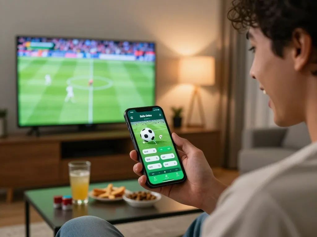Excitedly placing a bet on Bola Online using a smartphone during a thrilling soccer match.