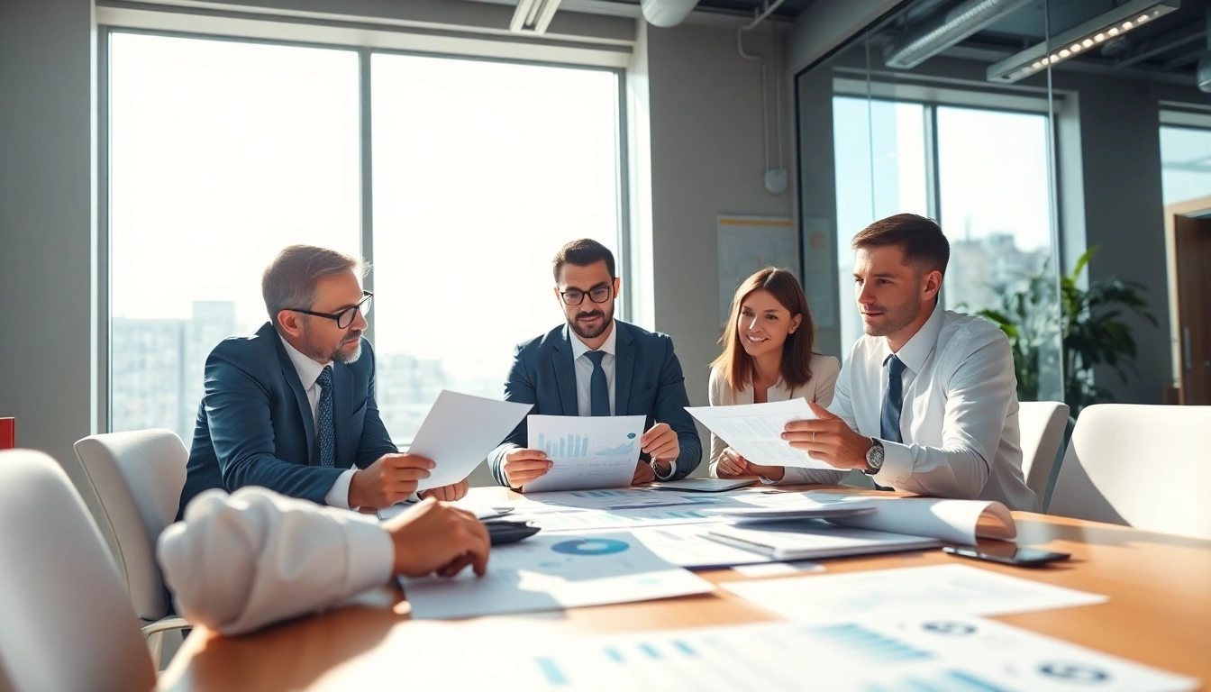 Evaluate Bid-No-Bid Analysis with a team discussing documents in a modern office.