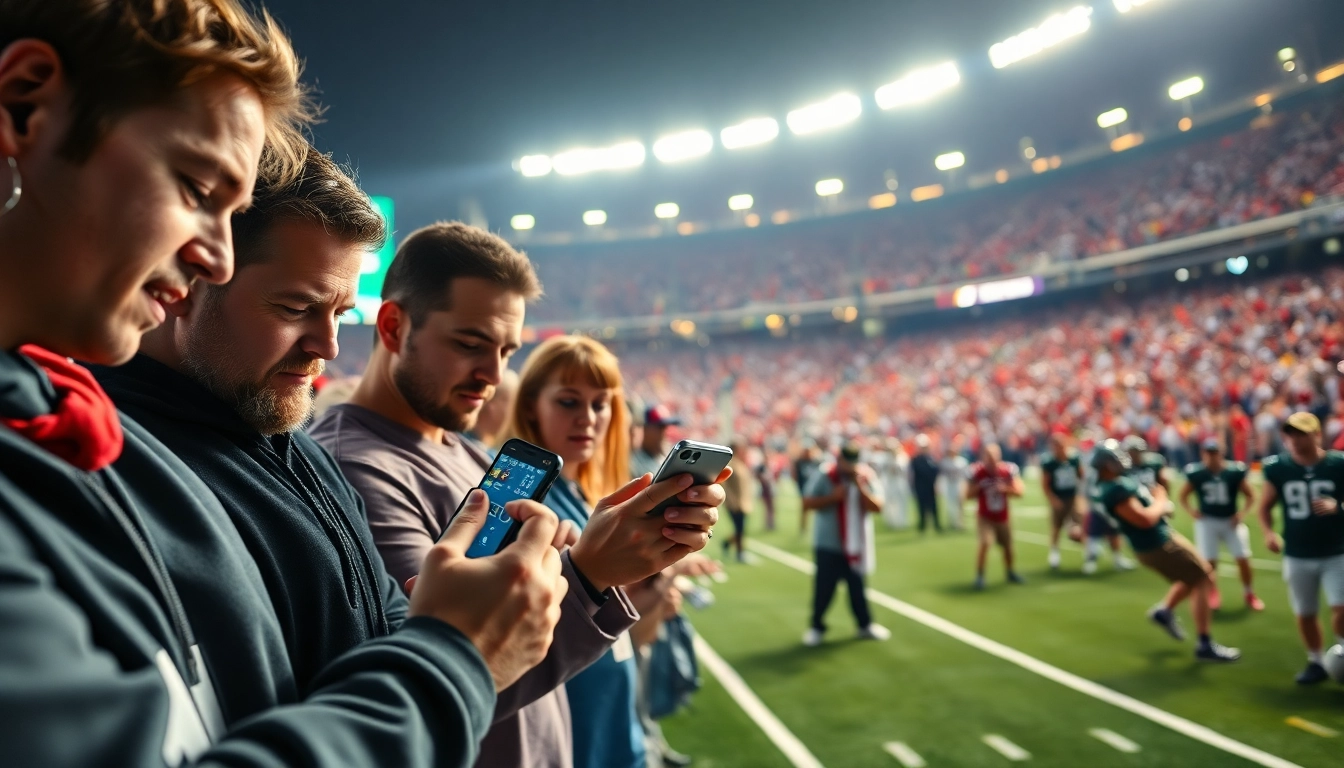 Engaged fans using online sports betting Alabama apps amidst game day excitement.