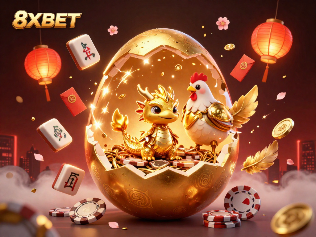 Experience thrilling gaming with 8XBET as a golden dragon emerges from a dazzling casino scene.