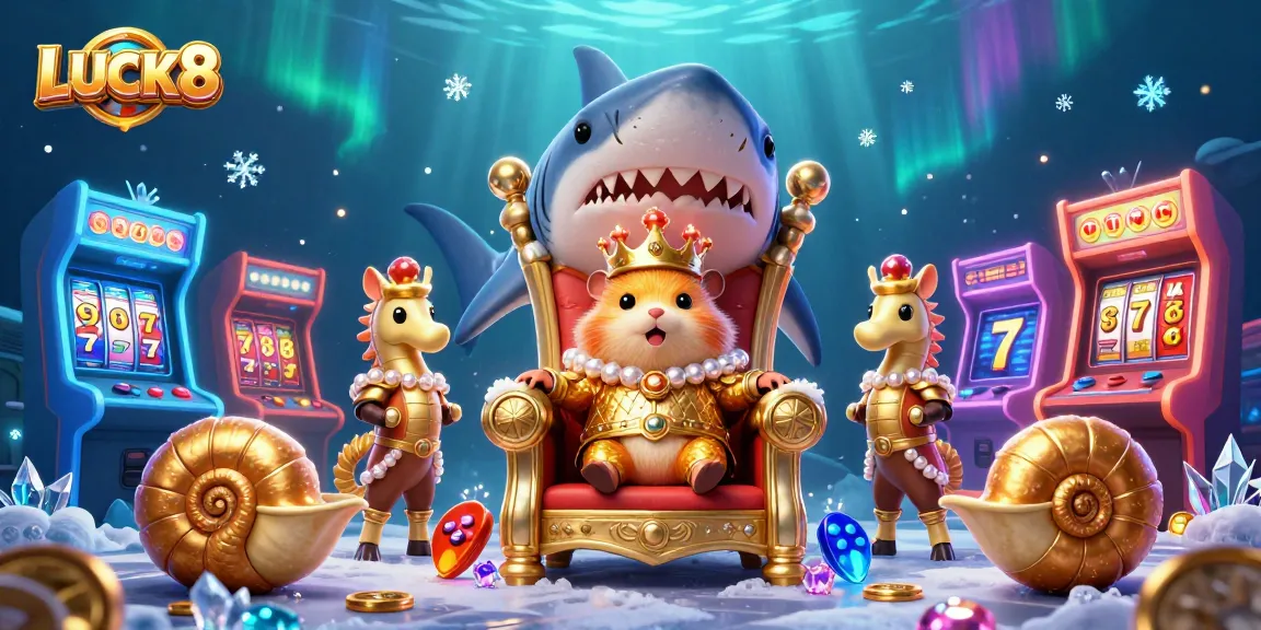 Play LUCK8 at a vibrant casino featuring a golden hamster king and arcade games