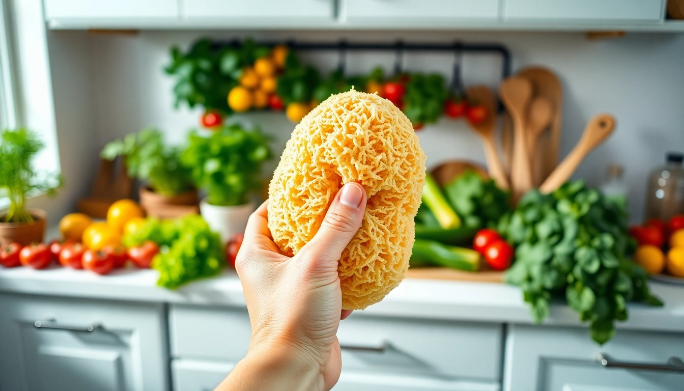 Explore kitchen loofah benefits with a natural loofah sponge in a vibrant kitchen scene.