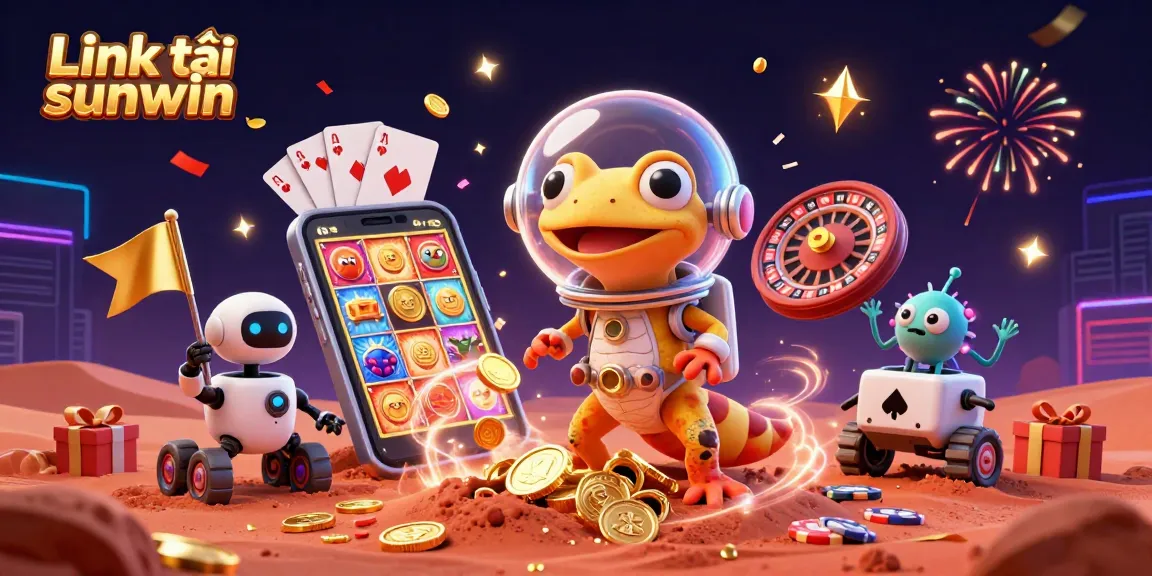 Win big with the link tải sunwin showcasing a vibrant 3D casino scene filled with gaming action.