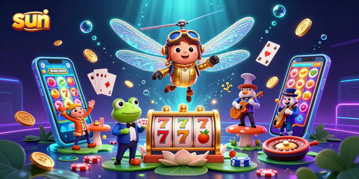 Spin vibrant slot reels in the sun-themed casino scene with lively dragonfly and frog characters.