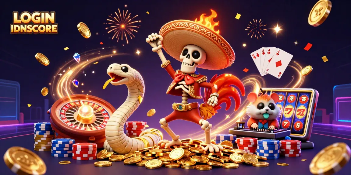 Celebrate winning moments with LOGIN IDNSCORE in a vibrant casino scene featuring games and riches.