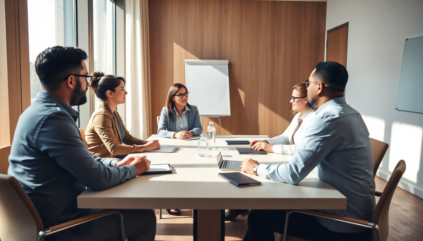 Mediation session with diverse individuals discussing solutions around a conference table.