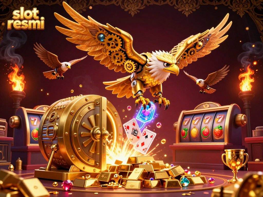 Experience animated excitement with slot resmi's dynamic casino adventure, featuring a cybernetic eagle and vibrant slots.