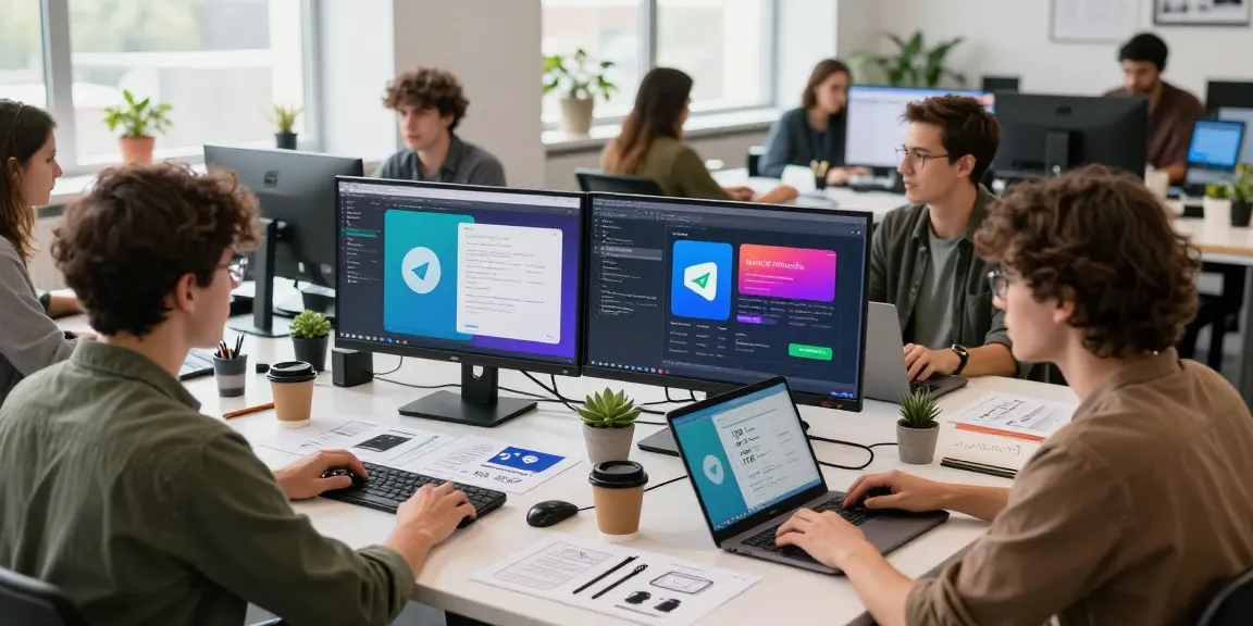Developer coding the latest Telegram application in a vibrant co-working environment.
