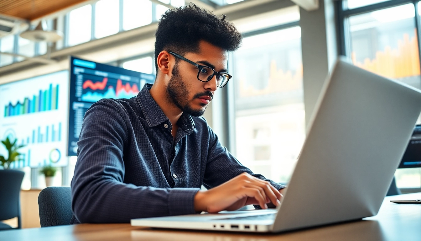 Visualize a professional conducting a Content Gap Analysis in a modern office with data and charts.