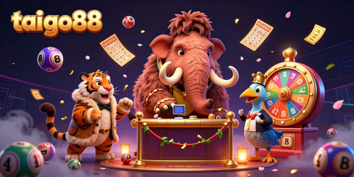 Tai go88 offers an energetic casino scene with vibrant lottery balls, dazzling lights, and fun characters inviting you to join the excitement.