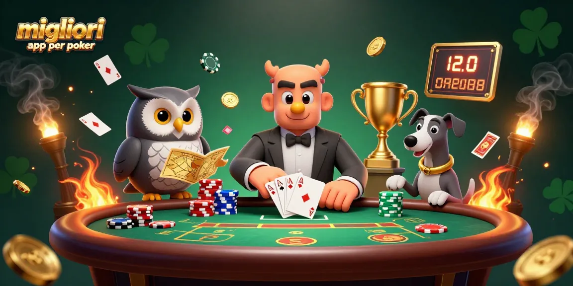 Migliori app per poker con tavoli e chip volanti evidenziati in un'illustrazione 3D dinamica.