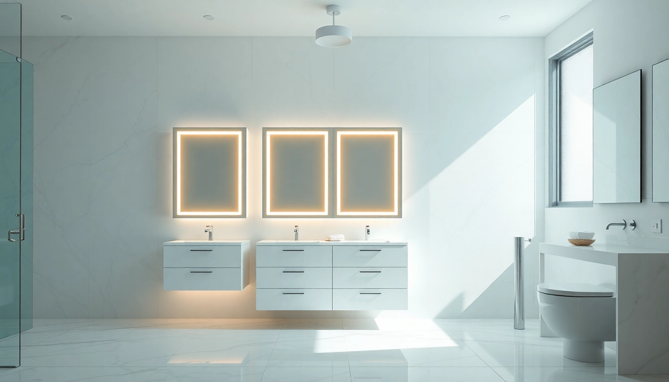 Illuminated bathroom cabinets reflecting light, adding elegance to a modern bathroom setting.
