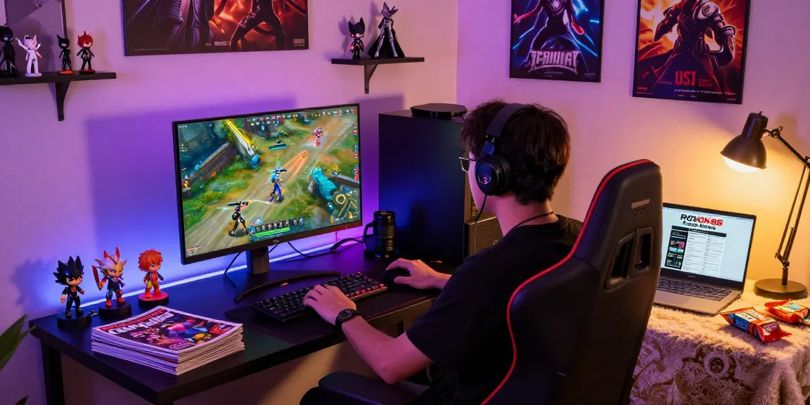 A gamer immersed in the ROKOK88 super world, playing on a high-resolution monitor surrounded by vibrant gaming paraphernalia.