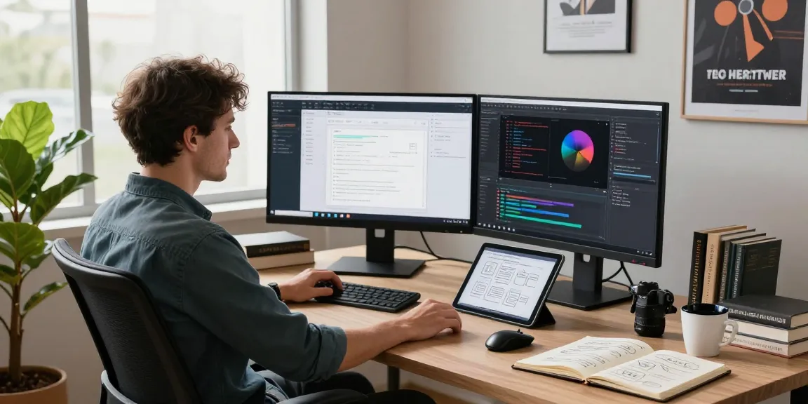 Efficient workspace featuring a developer using 截图工具 on dual monitors, showcasing a coding and design environment.