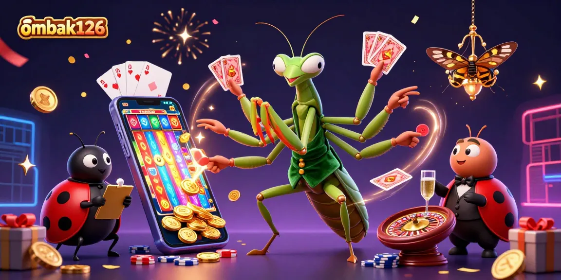 Engage with ombak126 in a vibrant casino atmosphere, featuring a giant praying mantis card sharp and animated game elements.