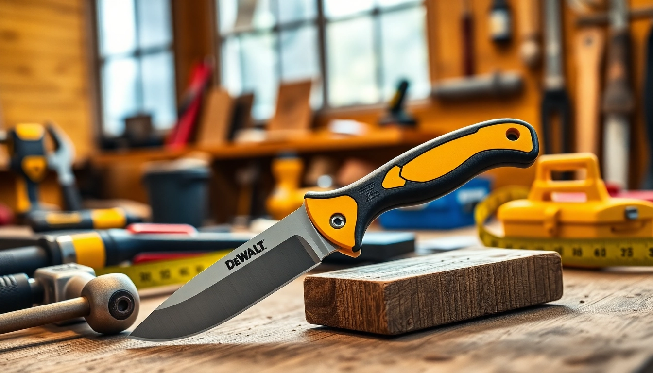 Dewalt knife cutting through material with precision in a workshop setting.