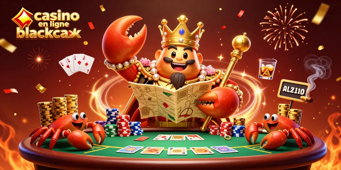 Jouez à casino en ligne blackjack avec un empereur crabe doré entouré de croupiers de casino.