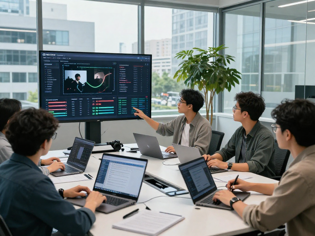 Data analysts using ai image detector in a high-tech facility.