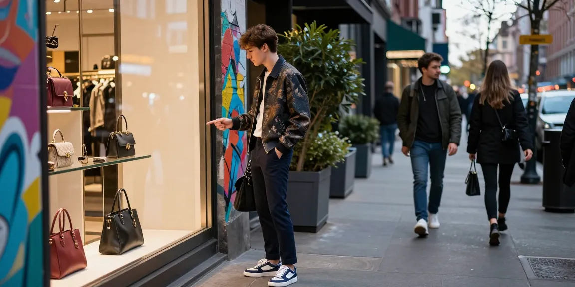 Fashionable young adult browsing luxury 명품 레플리카 accessories in an upscale urban environment with vibrant city lights.